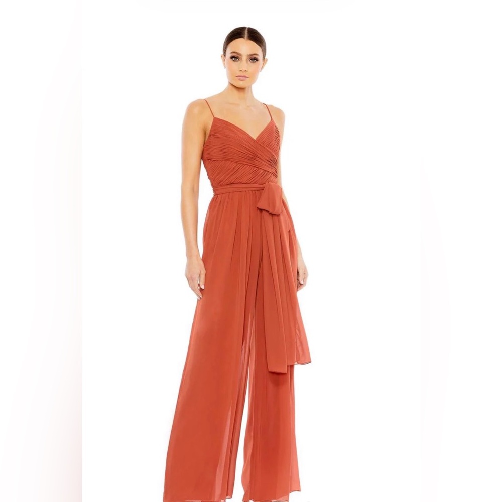 Mac Duggal 2651 Ruched Side Tie Wide Leg Jumpsuit Size M Terracotta